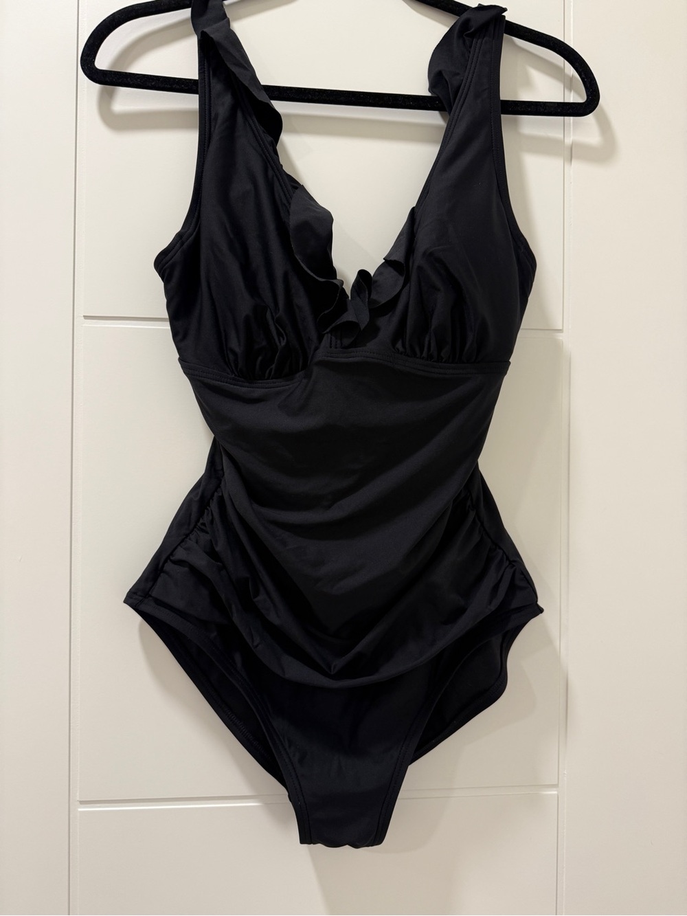 DKNY V-Neck Classic Black Ruffle One-Piece Swimsuit